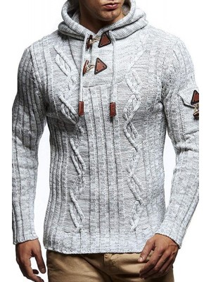 Men's Sweater Long Sleeve Slim Knit Pullover with Hooded Horn Button