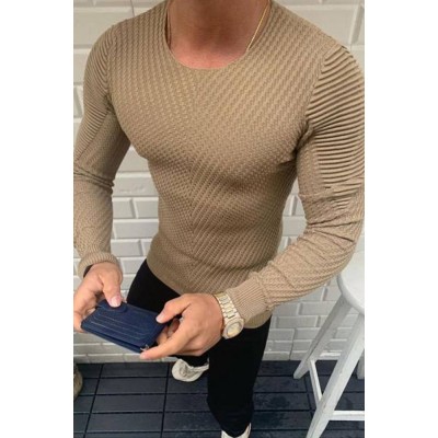 Mens Solid Color Rounded Long-Sleeved Sweater