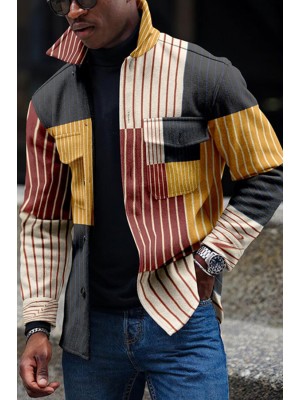 Men Pocket Striped Color Block Print Jacket